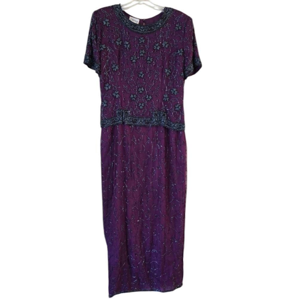 Stenay Womens Vintage Size 16 Evening Gown  Beaded 100% Silk Violet Glam‎ MOB